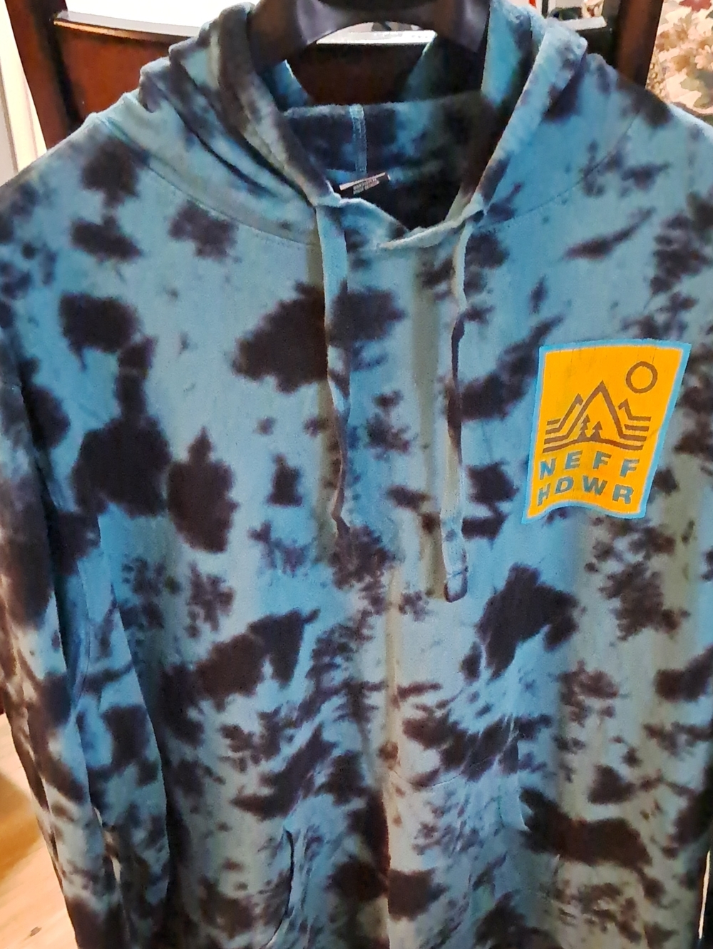 Neff Blue and Black Tie-Dye Hoodie with Yellow Graphic Panel